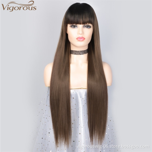 Vigorous Long Ombre Brown Wig Silky Straight Hair Wigs with Bangs Synthetic Hair Full Wigs for Women (Brown Straight with Bangs)